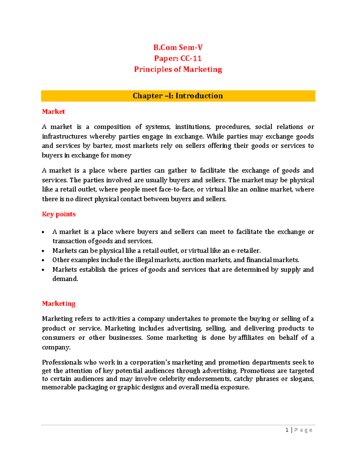B.Com POM Notes: Principles of Marketing Chapter Overview - Studocu