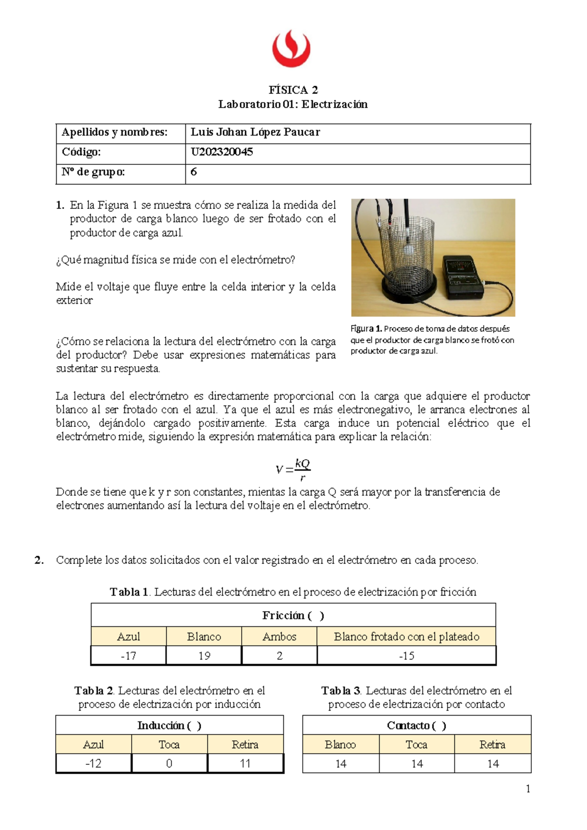 LAB01: Reporte de Laboratorio 01 en Física 2 - Electrización - Studocu
