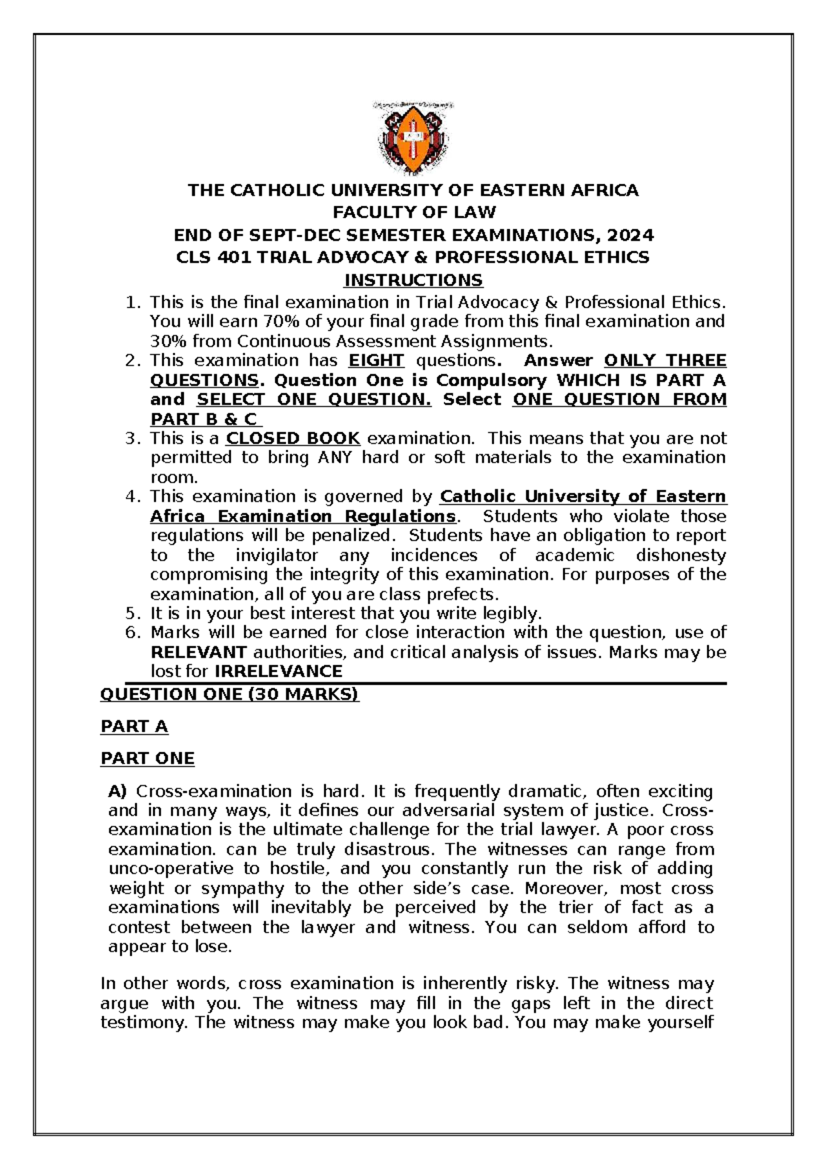 Trial Advocacy & Professional Ethics Final Exam CLS 401 - 2024 - Studocu