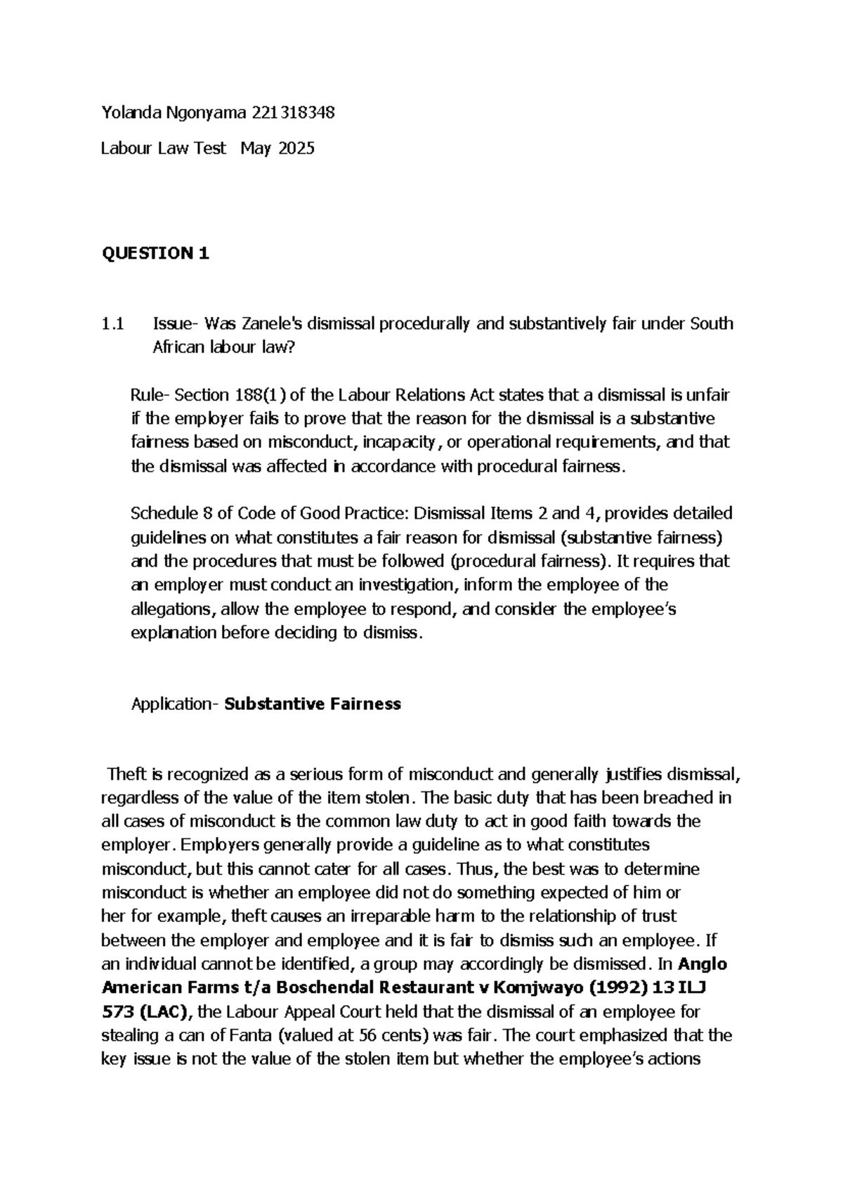 Labour Law Test 221318348: Dismissal Fairness Analysis May 2025 - Studocu