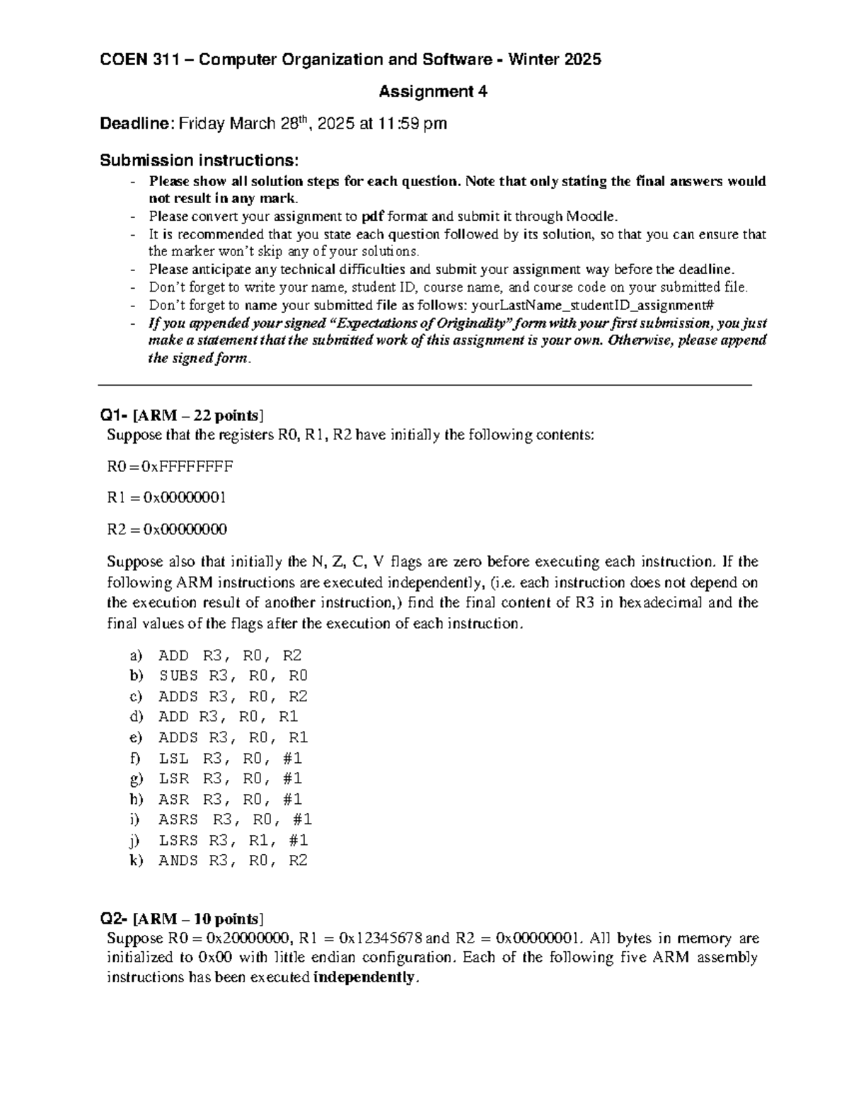 COEN 311 Computer Organization and Software Winter 2025 Assignment 4 ...