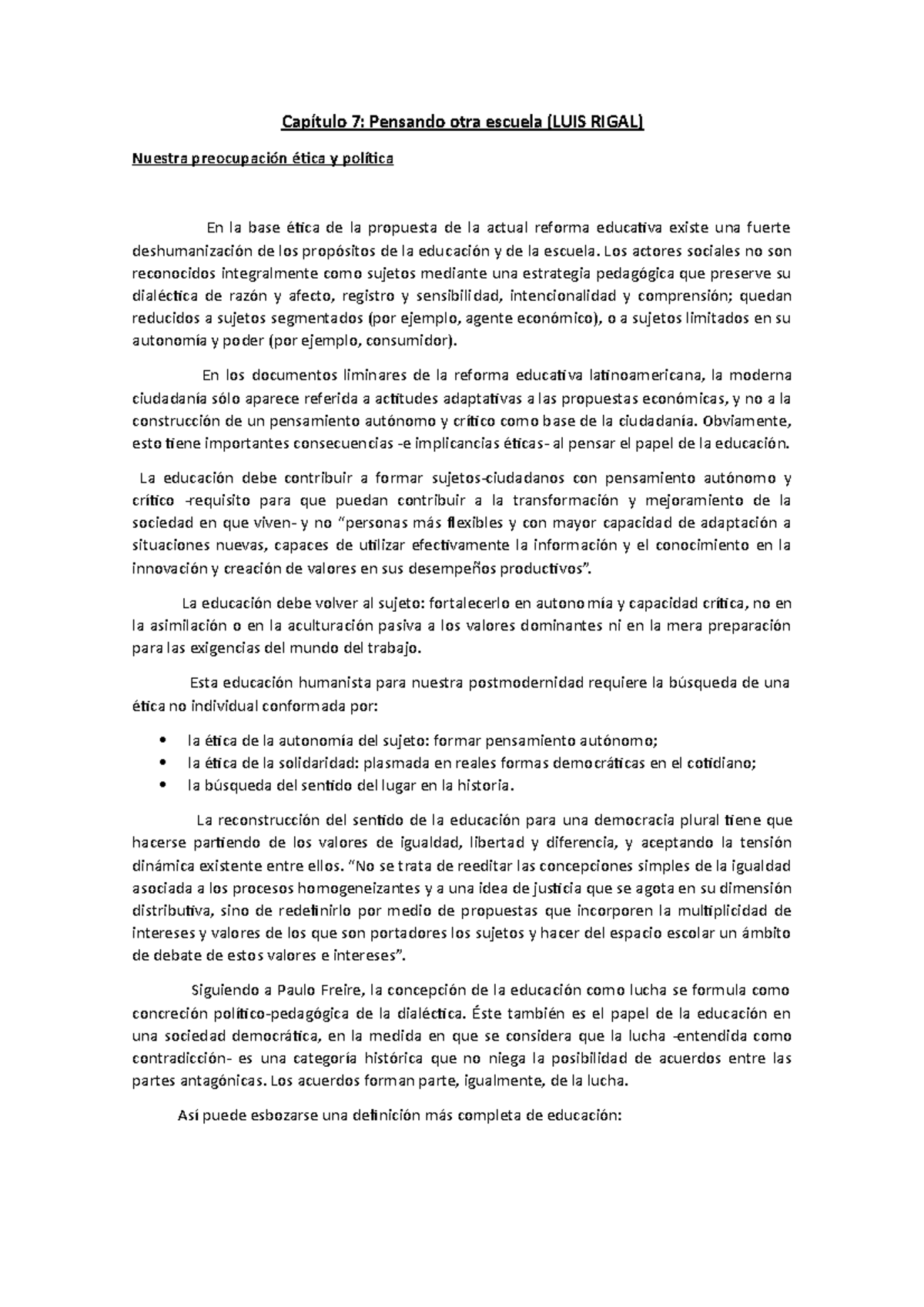 Capítulo 7: Resumen Crítico sobre la Escuela y la Educación (LUIS RIGAL) - Document Preview