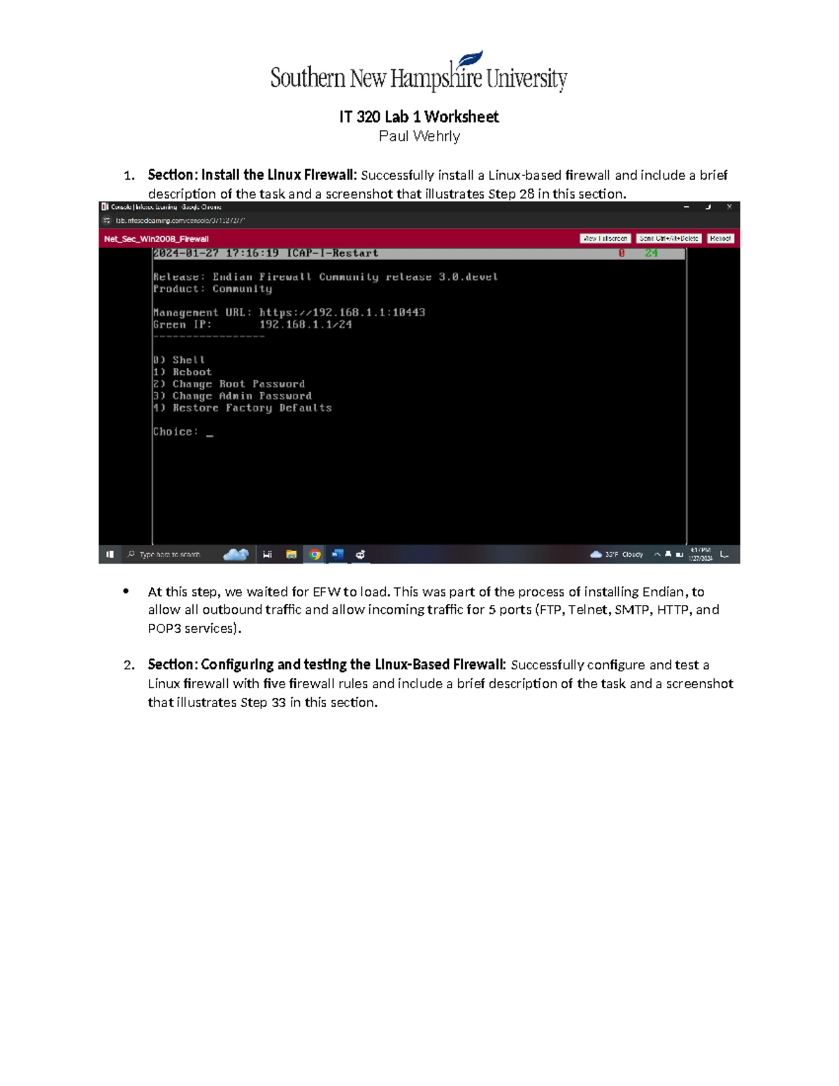 IT 320 Lab 1: Linux Firewall Installation & Configuration Guide - Studocu