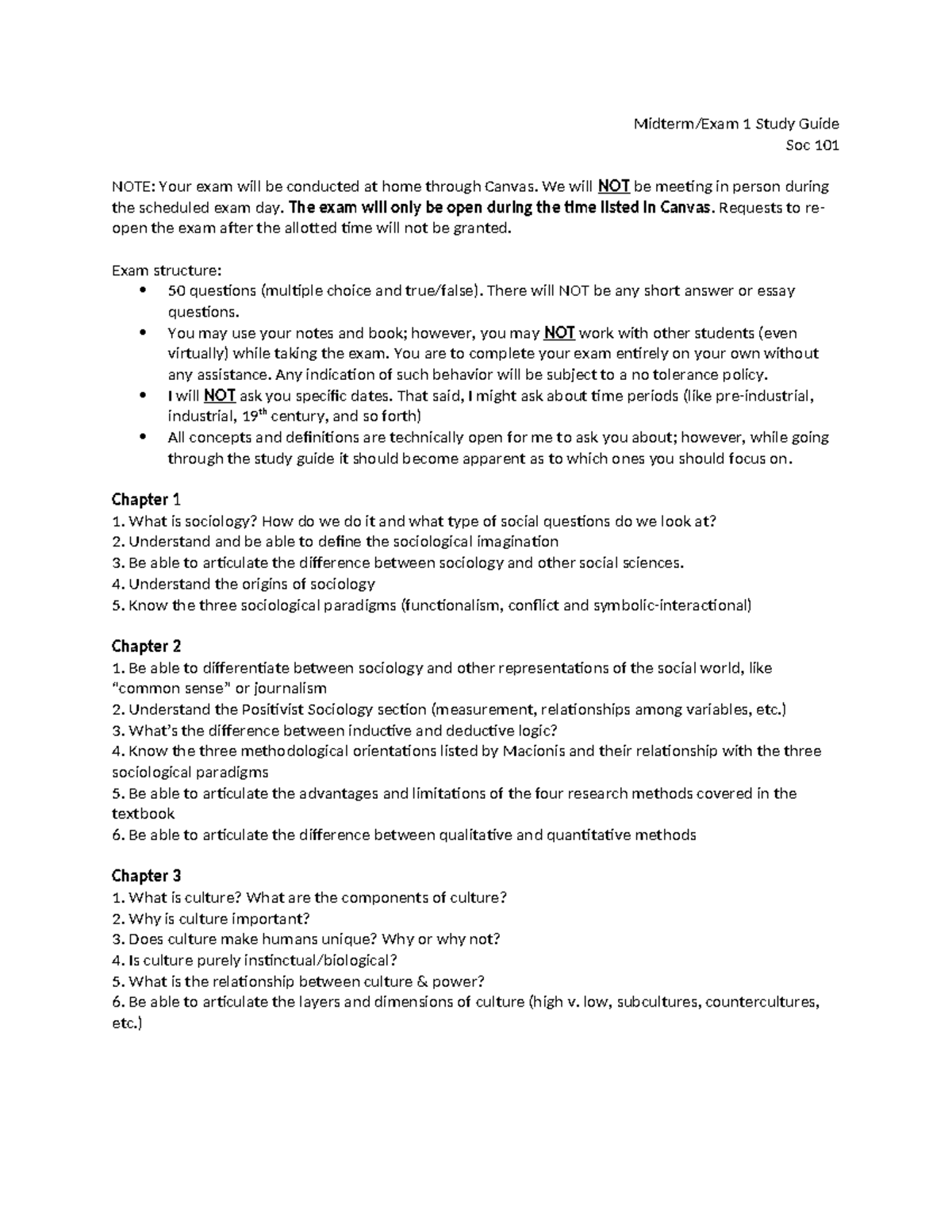 SOC 101 Midterm Study Guide - Exam 1 Fall 2022 - Studocu