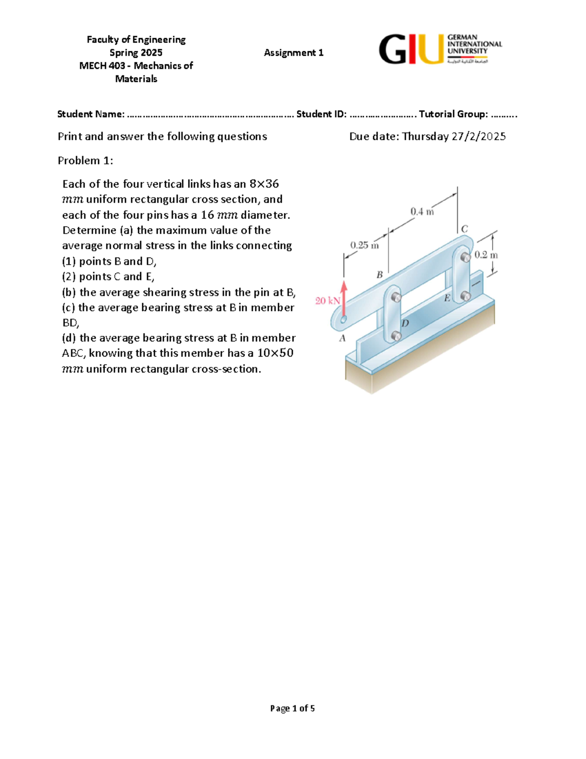 Assignment 1 - mechanics of materials - Faculty of Engineering Spring ...