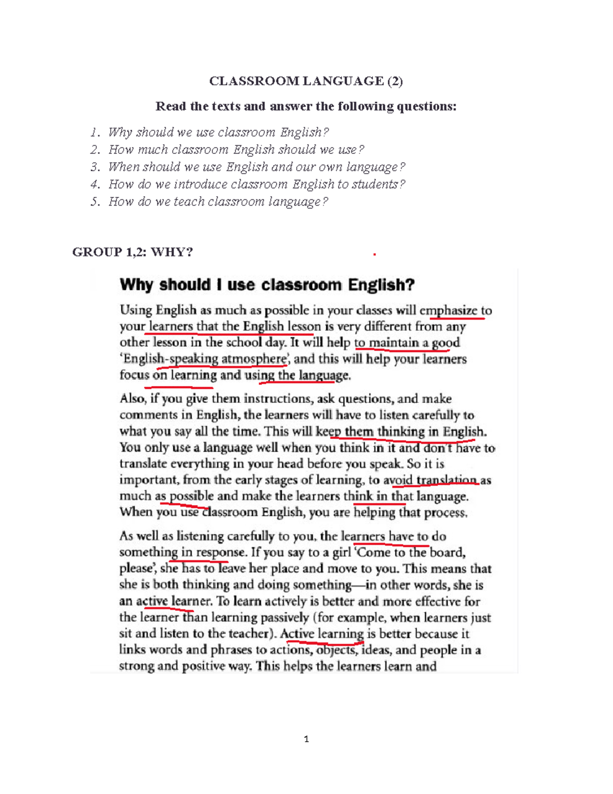 Classroom language reading texts - thực hành sư phạm - CLASSROOM ...