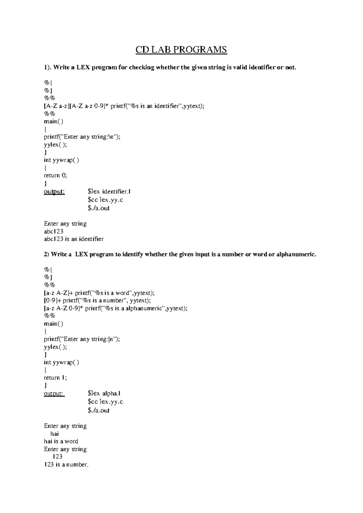 CD LAB PROGRAMS: LEX Programs for Identifiers, Numbers, and Palindromes ...