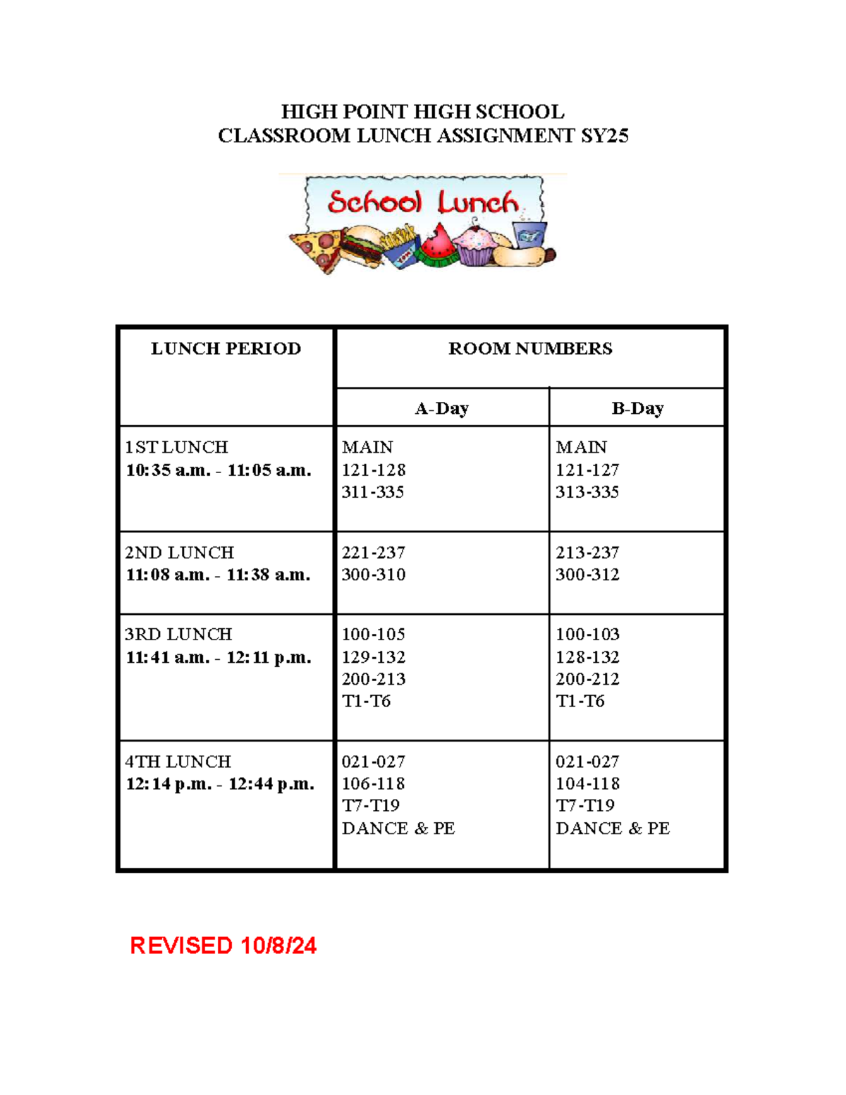 Classroom Lunch Assignment Chart SY25 - HIGH POINT HIGH SCHOOL ...