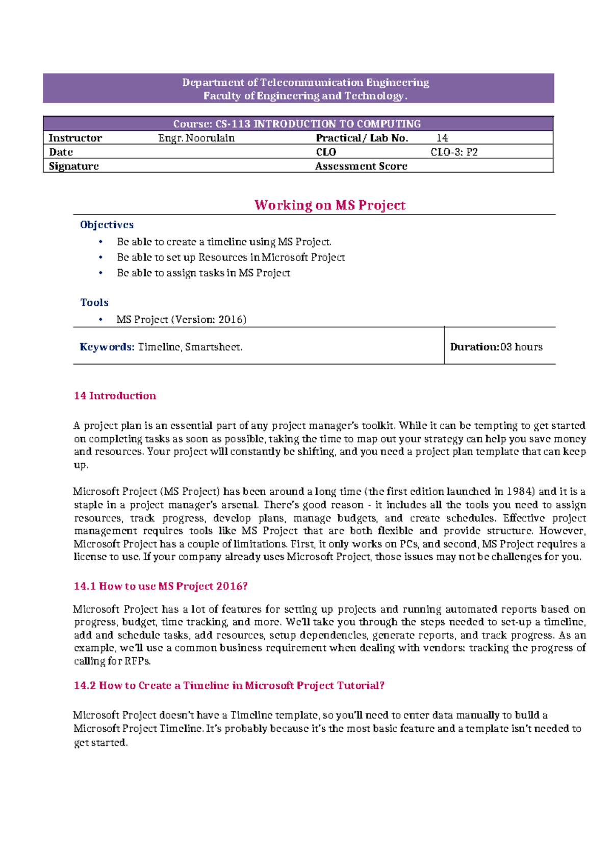 Lab 14: MS Project Timeline & Resource Management Guide - Intro to ...