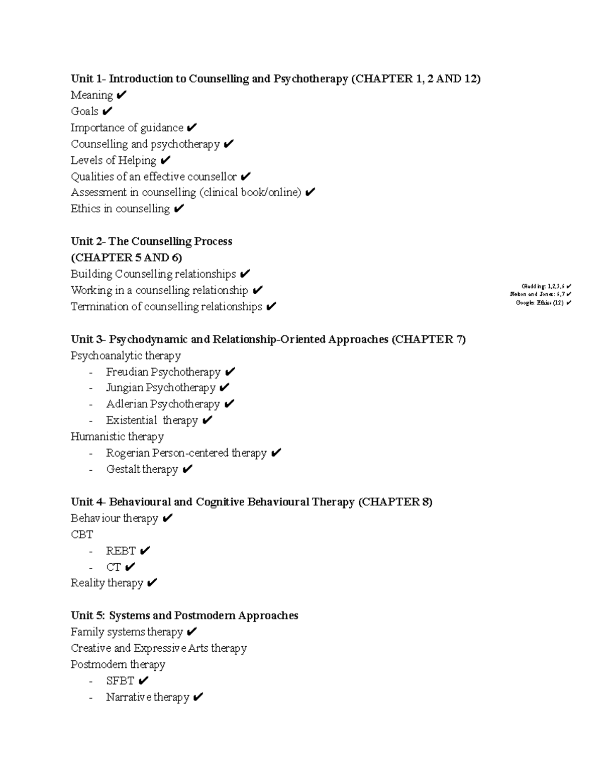 Counselling Notes and Key Concepts (PSY 101) - Units 1 to 5 Overview ...