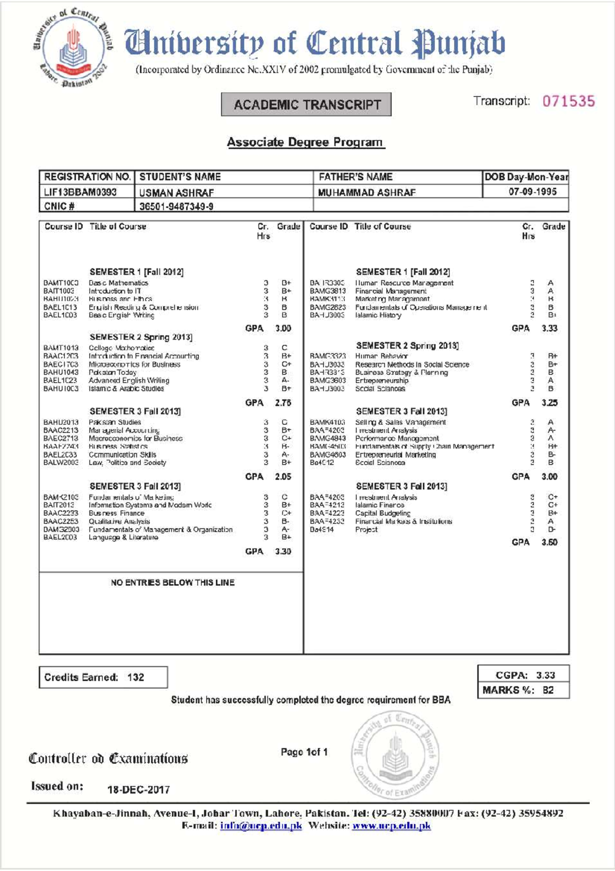 UCP BBA Academic Transcript - Associate Degree Program - Studocu