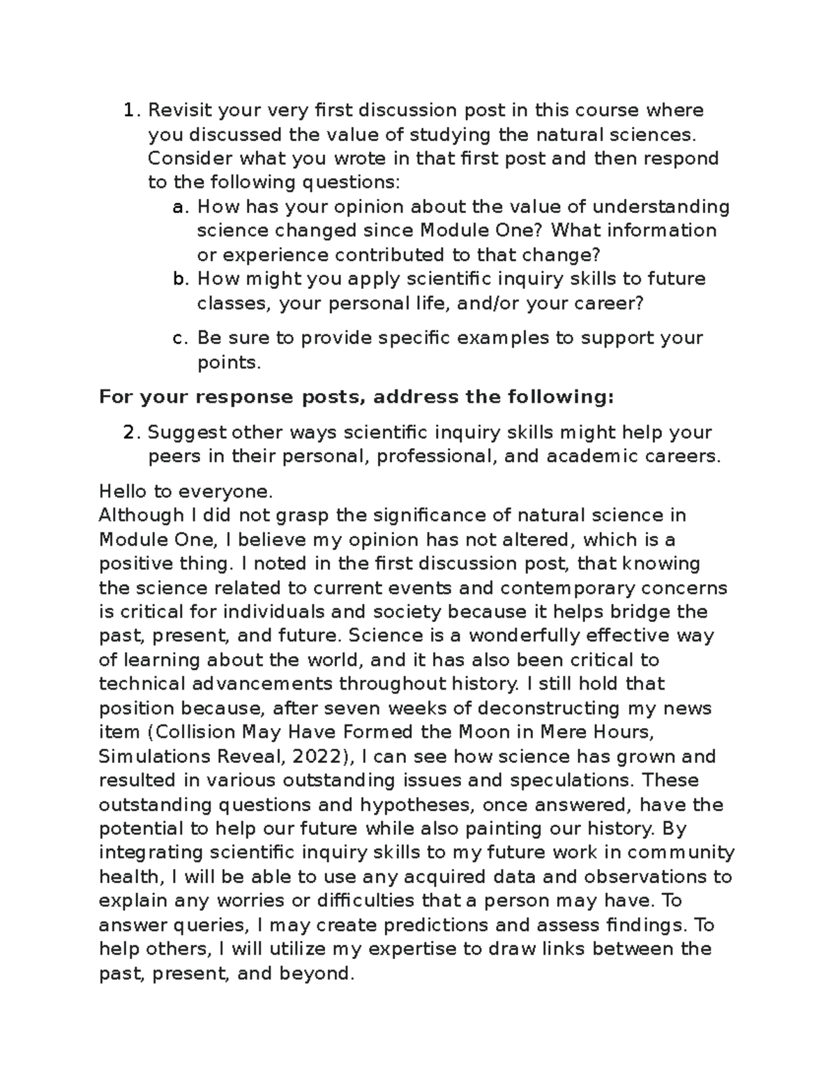 SCI 101 Week 8 Discussion: Reflection on Scientific Inquiry Value - Studocu