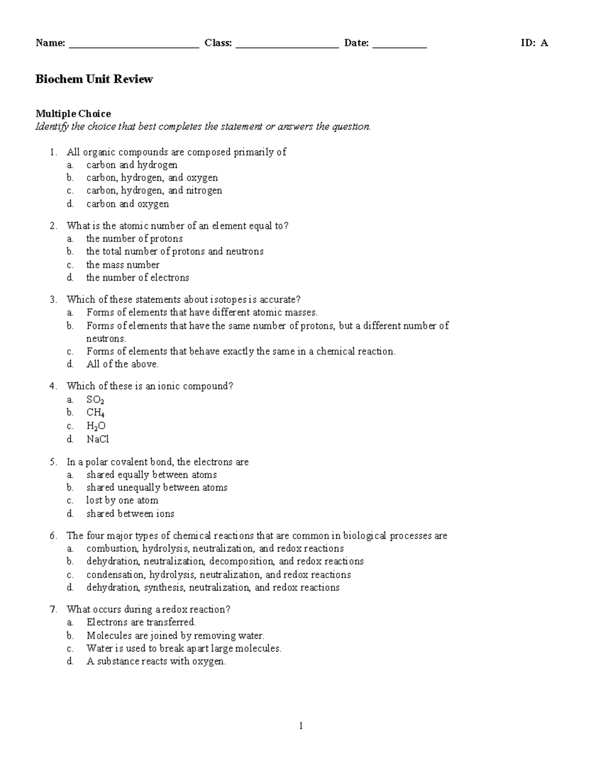 Biochem 101: Unit Review Multiple Choice & Short Answer Guide - Studocu