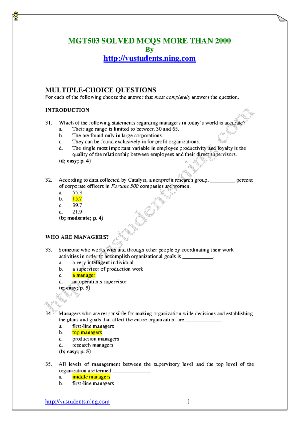 MGT503 Principles of Management: Solved MCQs and Answers - Studocu