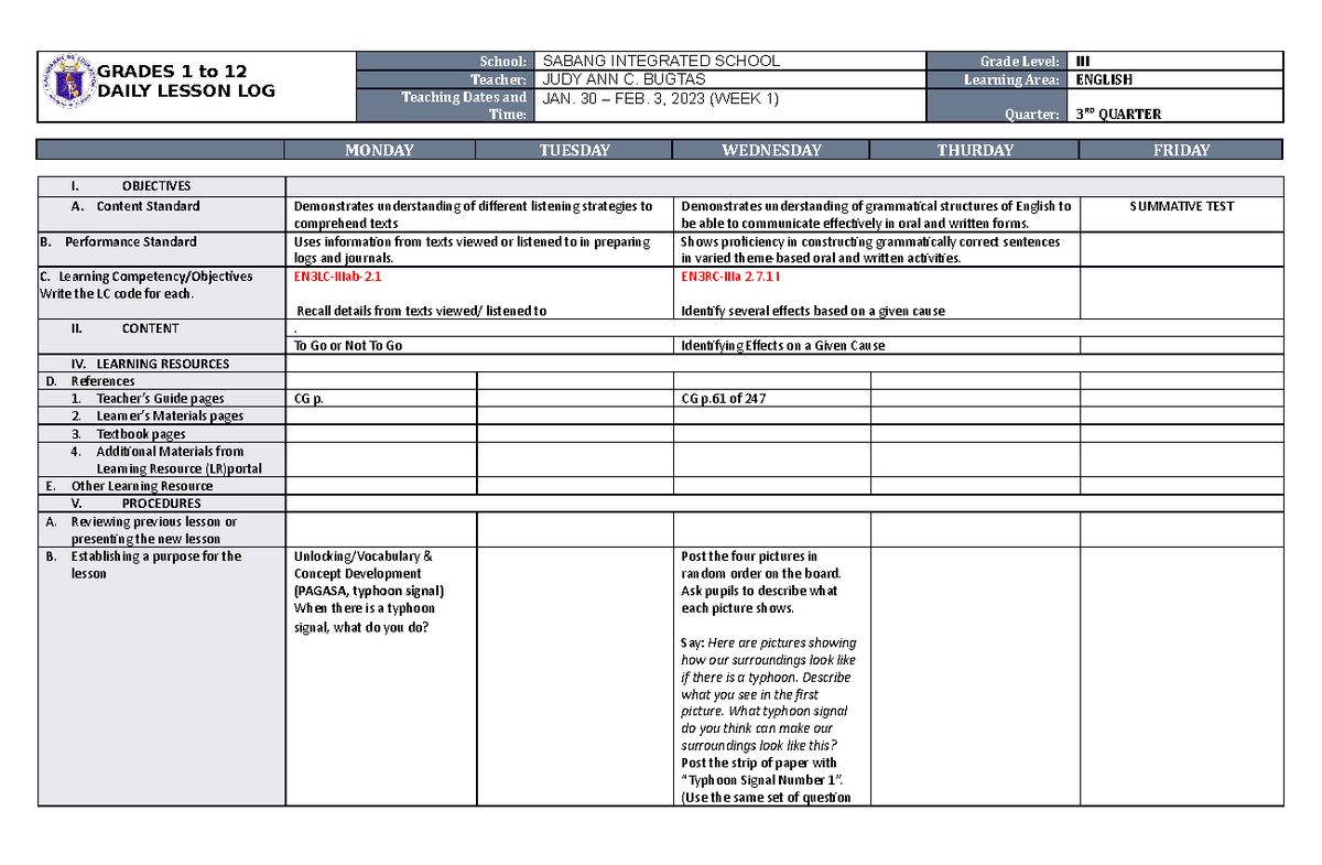 DLL English 3 Q3 W1 - GRADES 1 to 12 DAILY LESSON LOG School: SABANG ...