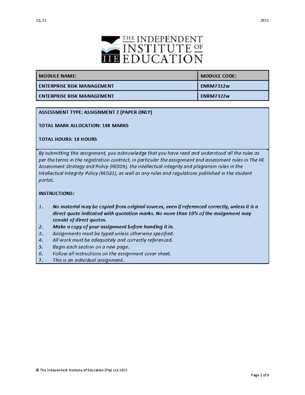 ENRM7322w A2 W - Enterprise Risk Management Assignment 2 Guide - Studocu