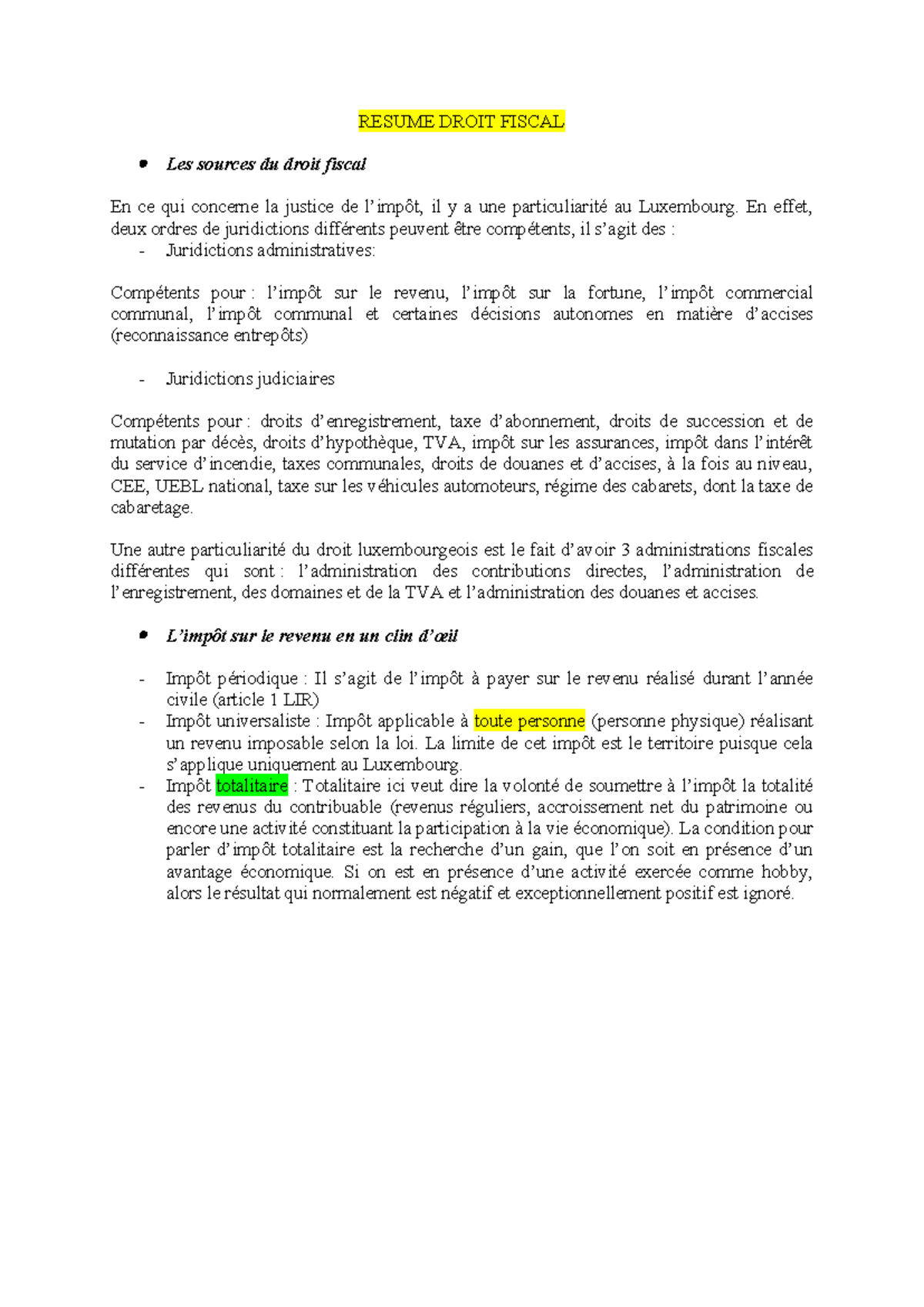 Resume Droit Fiscal - RESUME DROIT FISCAL Les sources du droit fiscal ...