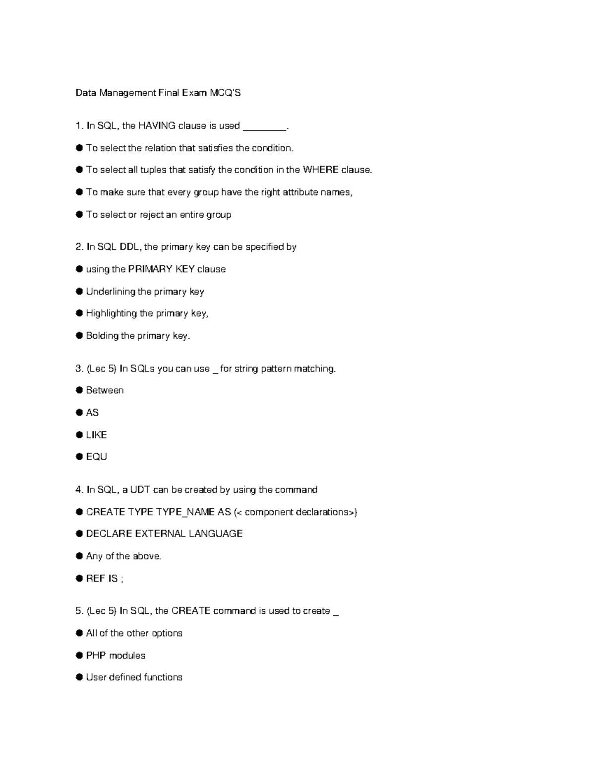 Data Management (DM 101) Final Exam MCQs Overview - Studocu