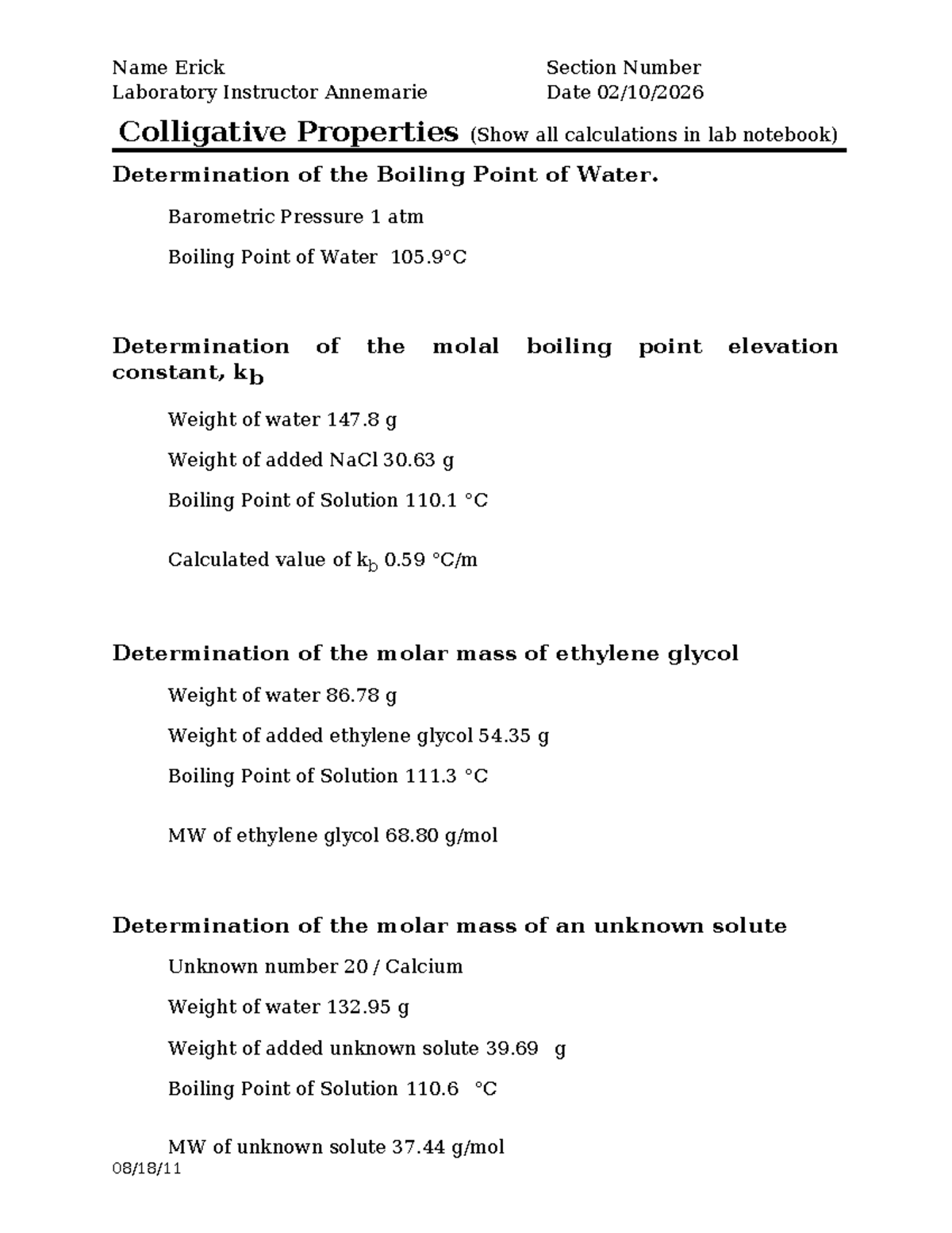 Lab Report: Colligative Properties & Boiling Point Determination (03 ...