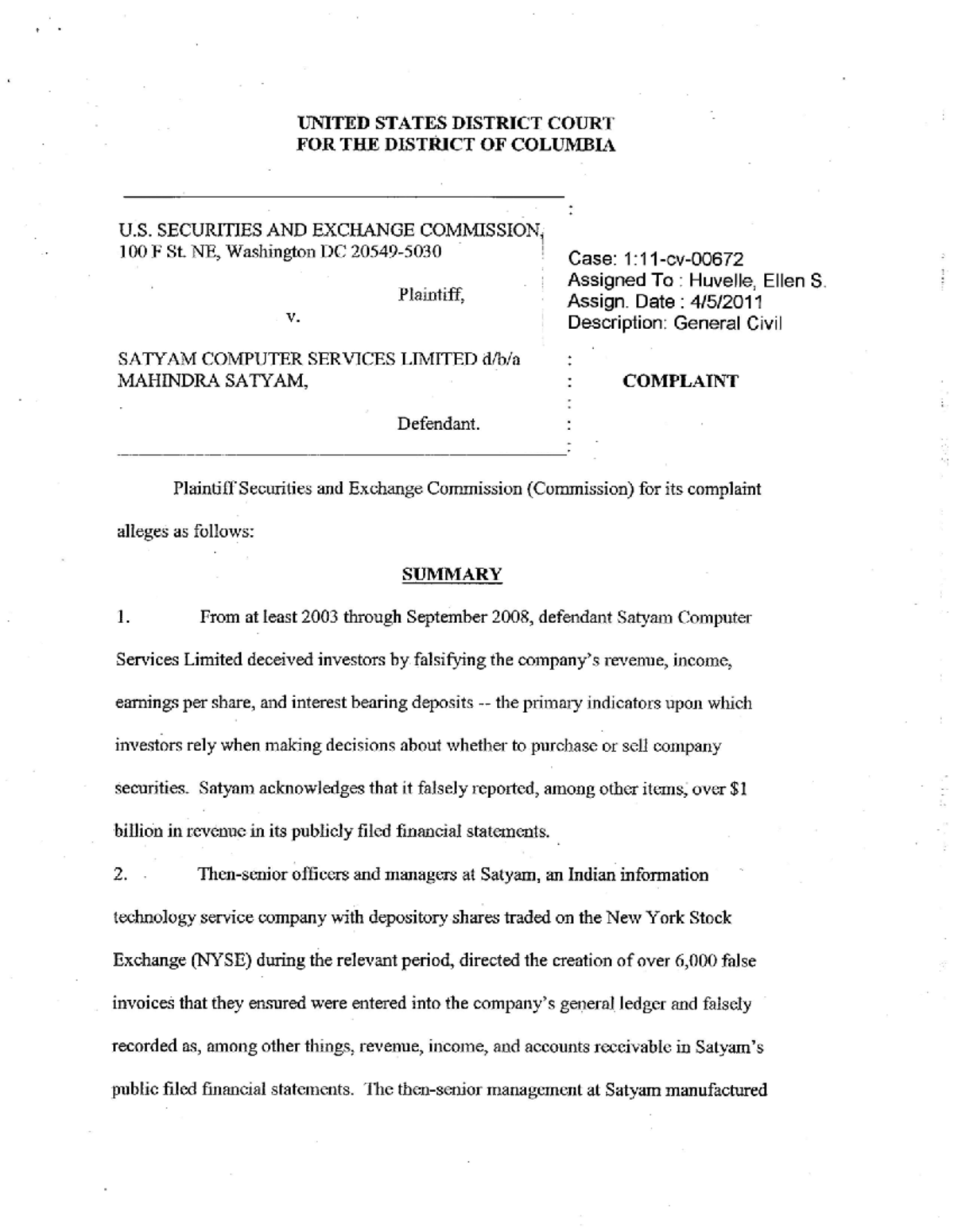 Comp21915 - SEC v. Satyam Computer Services: Fraudulent Practices Case ...