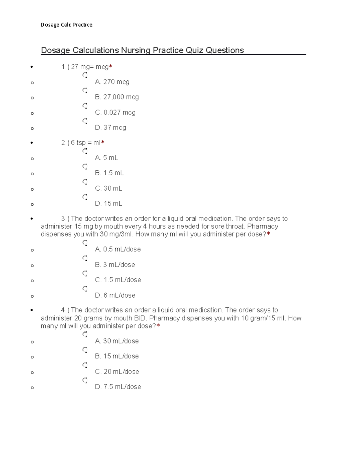 NUR 102 Dosage Calculations Nursing Practice Quiz Questions - Studocu