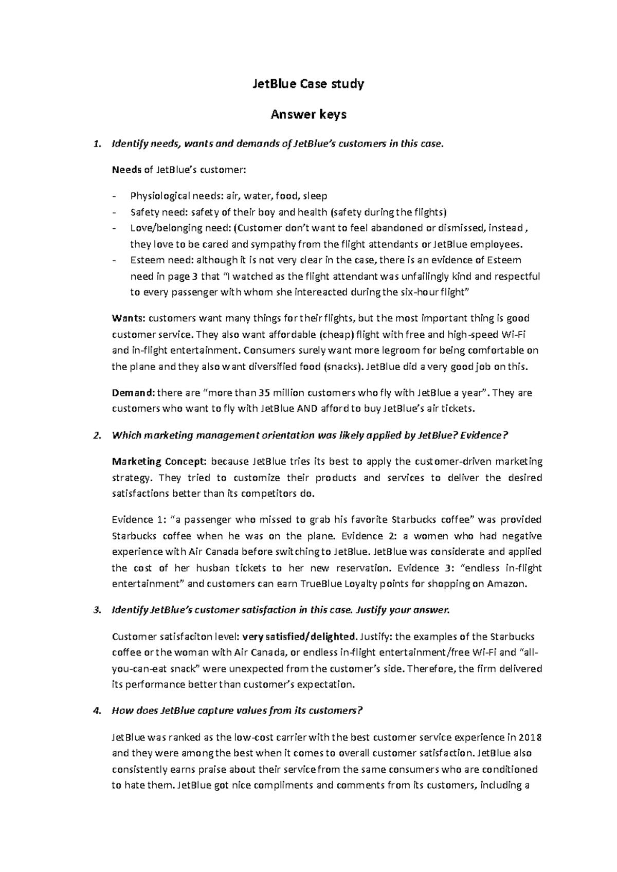 Jet Blue Case study - Answer keys - JetBlue Case study Answer keys ...