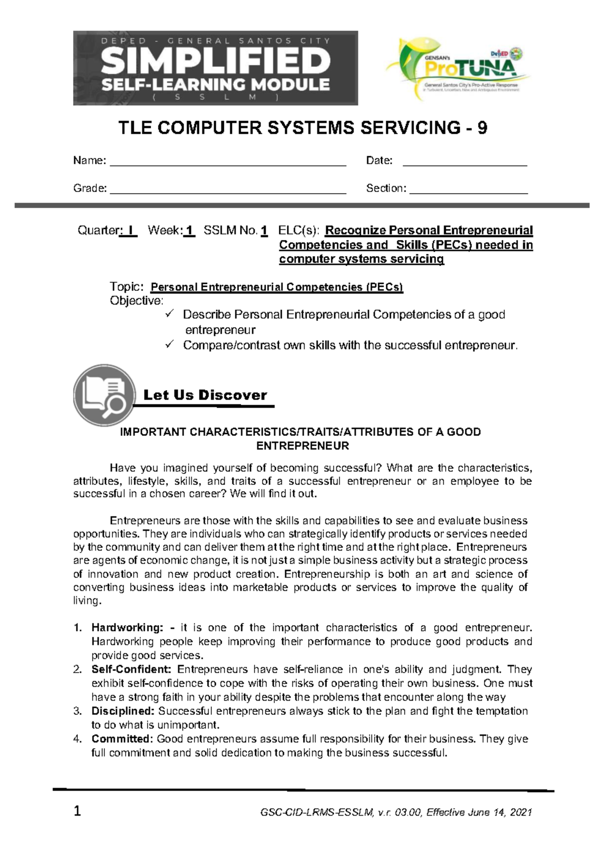 SSLM CSS9 Q1 WEEK 1 - Personal Entrepreneurial Competencies in TLE ...