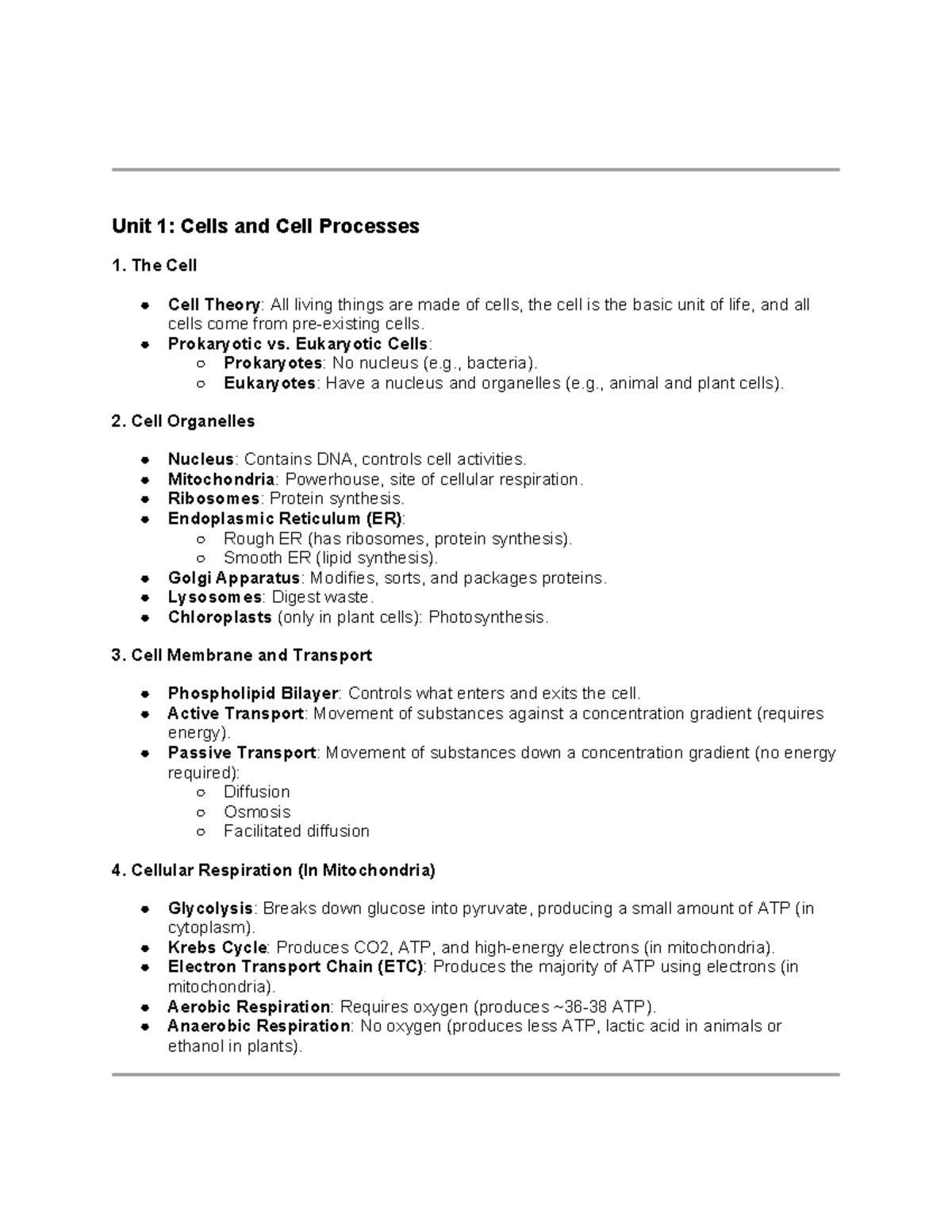 Unit 1 2 summary - Unit 1: Cells and Cell Processes The Cell Cell ...