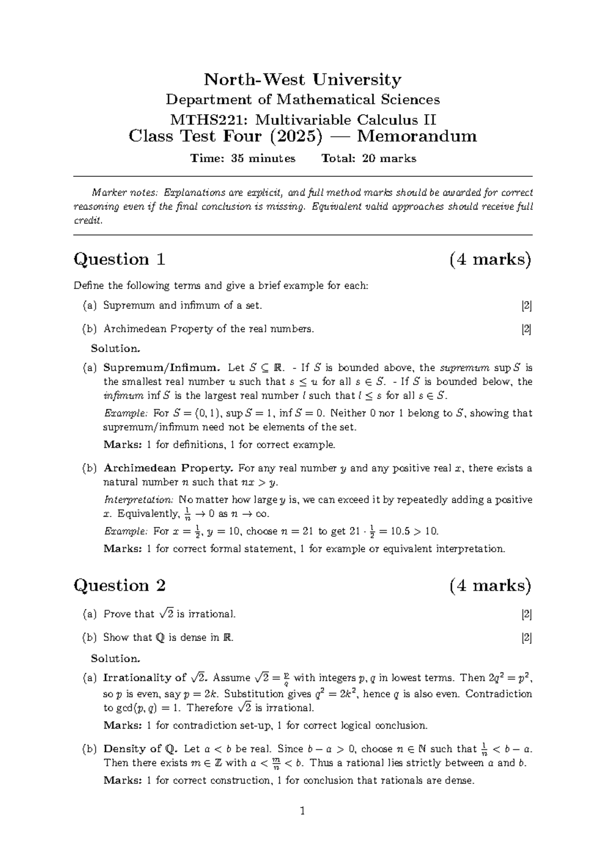 MTHS221: Multivariable Calculus II Class Test Four (2025) Solutions ...