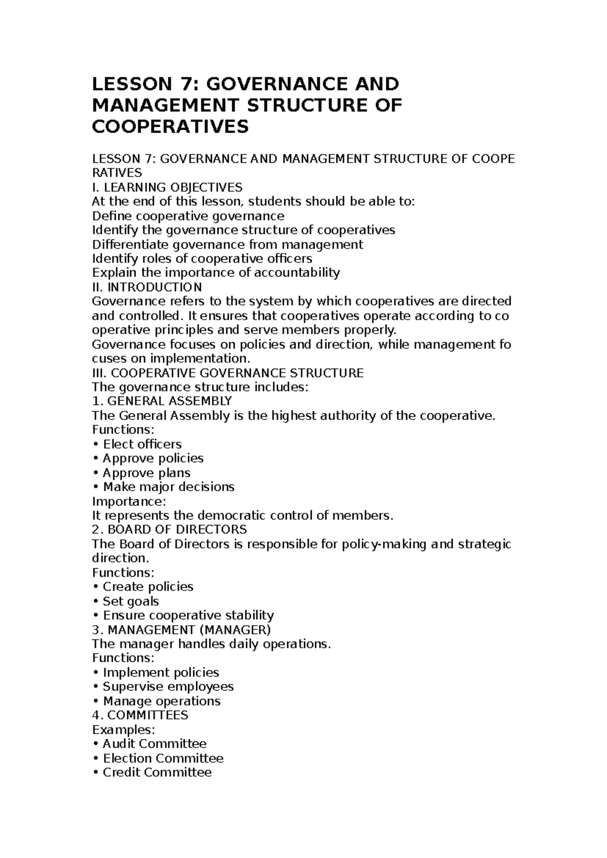 Lesson 7: Governance & Management Structure of Cooperatives - Studocu