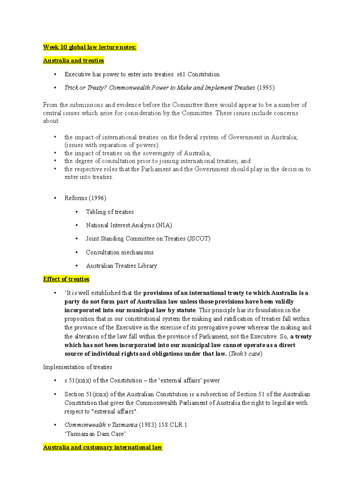 Week 10 Global Law Lecture Notes: Treaties and Australia's ...