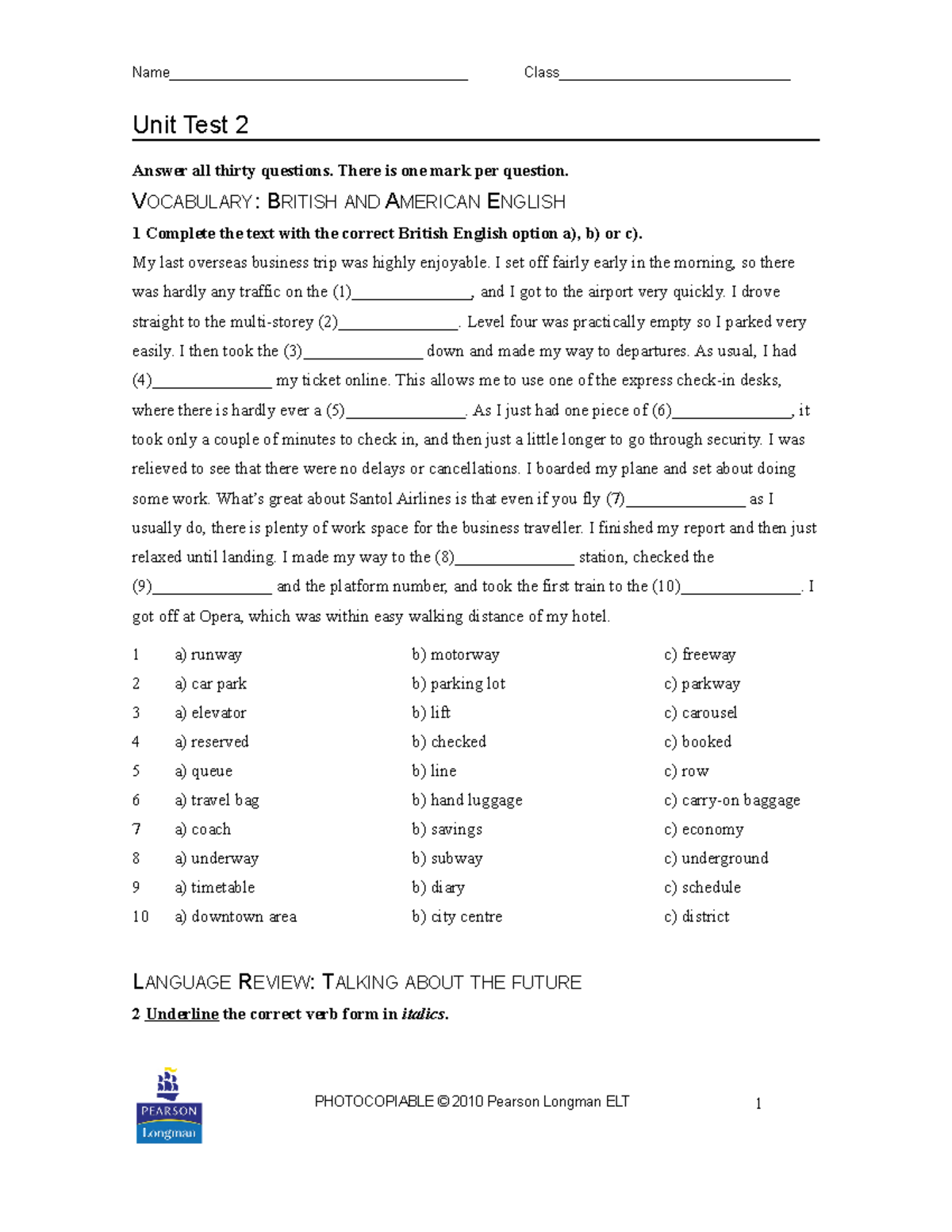 Unit Test 2: Market Leader Intermediate Vocabulary & Grammar Review ...