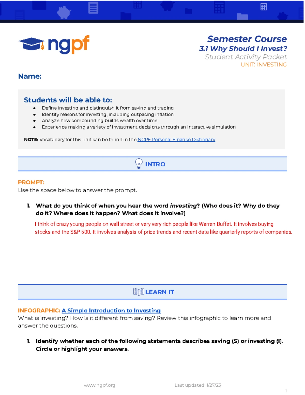 SC-8.6 Student Activity Packet - Semester Course 3 Investing in Funds ...