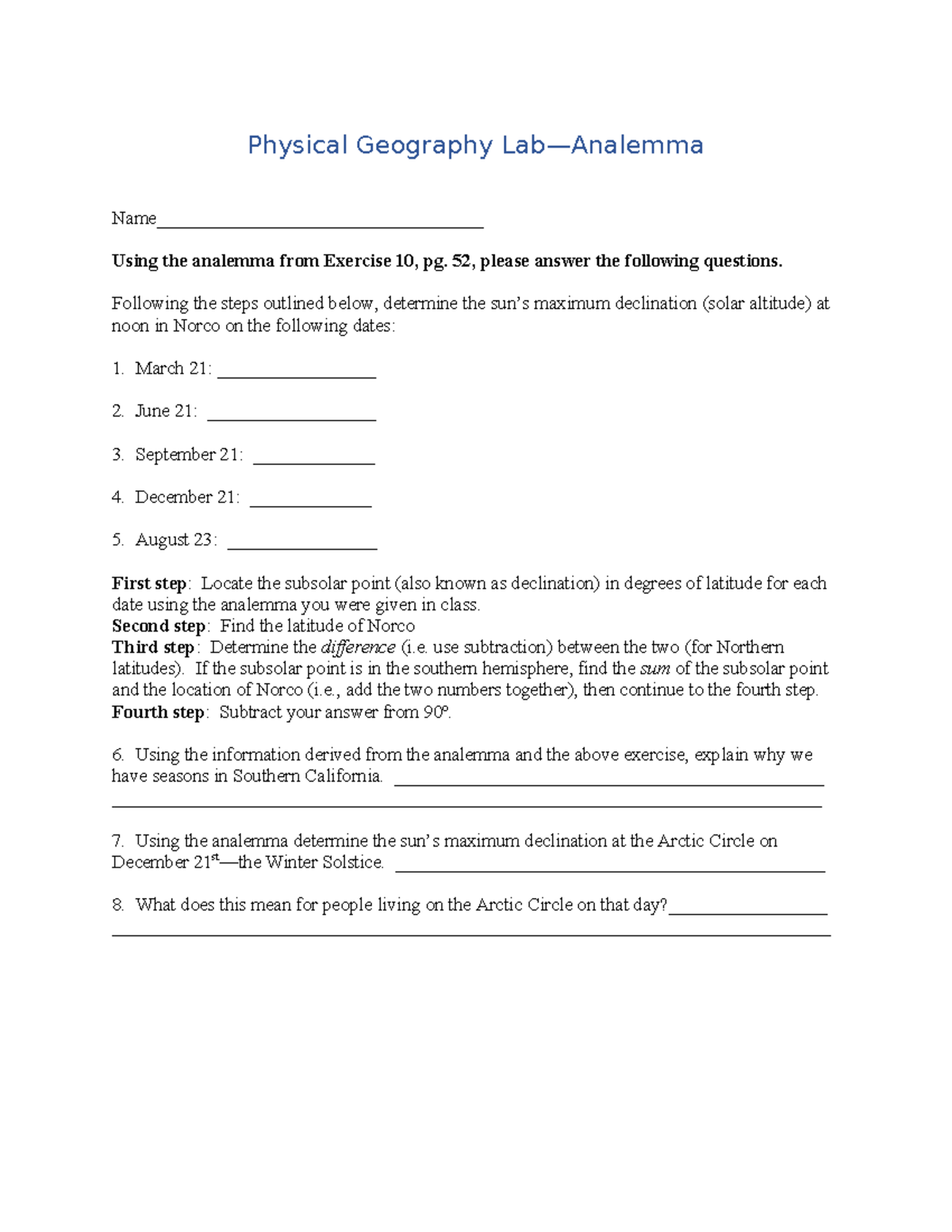 Physical Geography Lab: Analemma Exercise (Lab Code) - Studocu