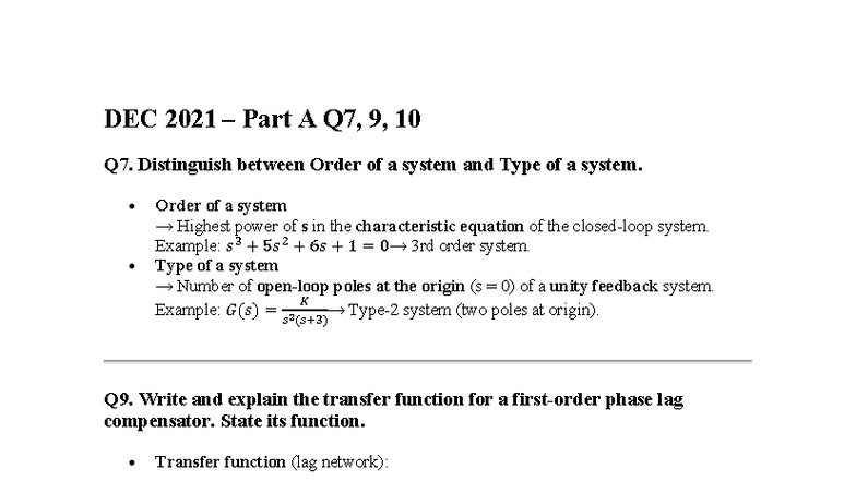 CS Part A Questions Mod 04 & 05: System Order, Transfer Functions, and ...