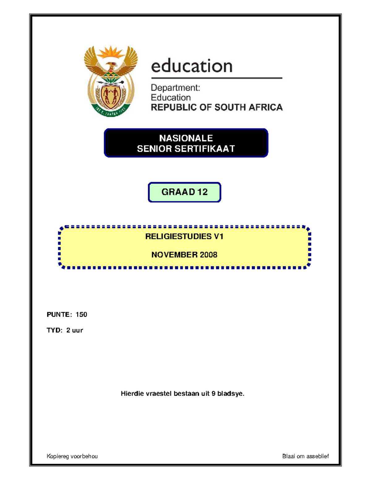 NSS 2008 Graad 12 Religiestudies Final Exam Questions and Guidelines ...