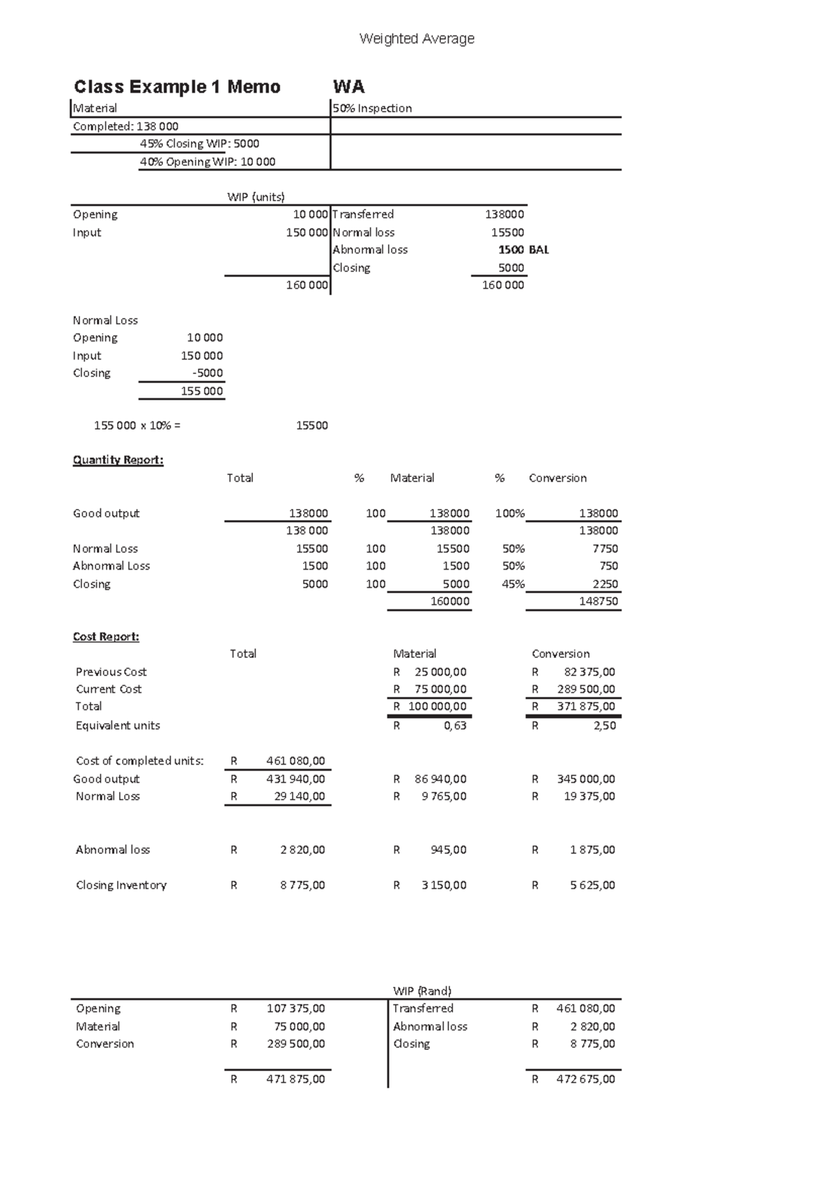 Class Example 1 memo WA - pratical questions - :HLJKWHG $YHUDJH &ODVV ...