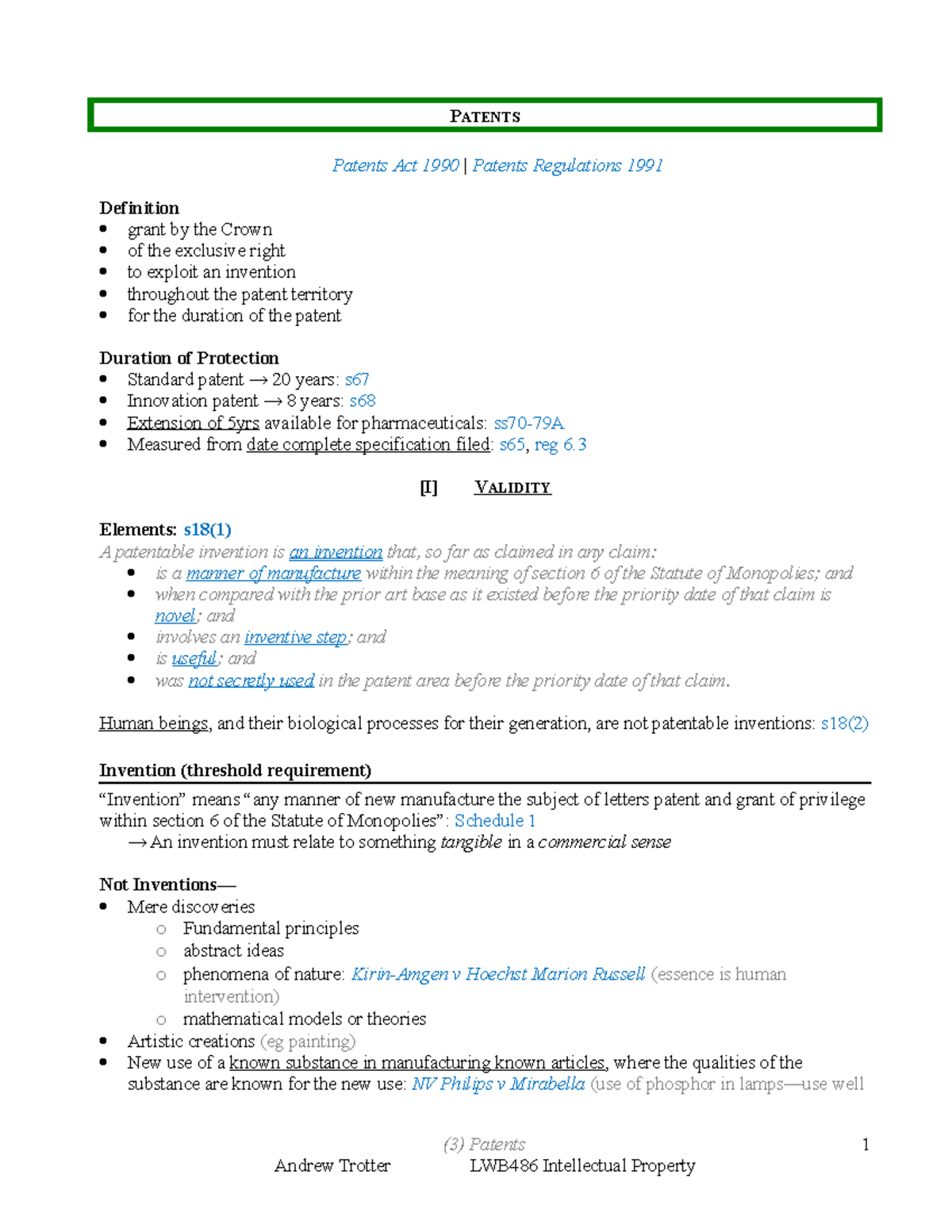 Intellectual Property - Lecture notes - 3 Patents - PATENTS Patents Act ...