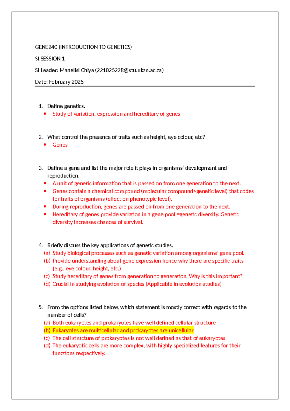 GENE240 Introduction to Genetics SI Session 1 Study Guide - Studocu