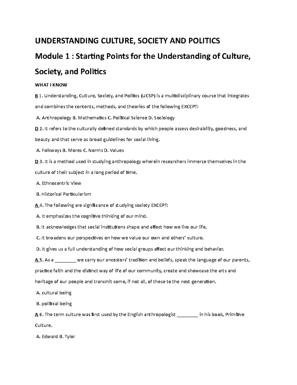 UNDERSTANDING CULTURE, SOCIETY AND POLITICS GRADE12 module 1 ...