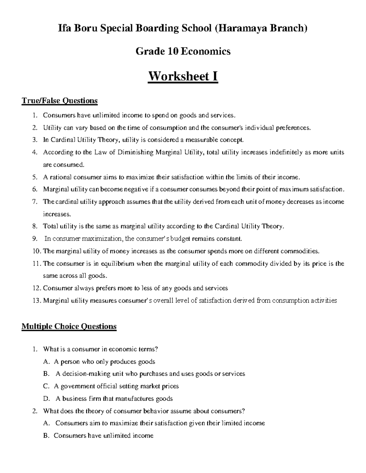 Grade 10 Economics Worksheet G-10: Consumer Behavior and Utility Theory ...