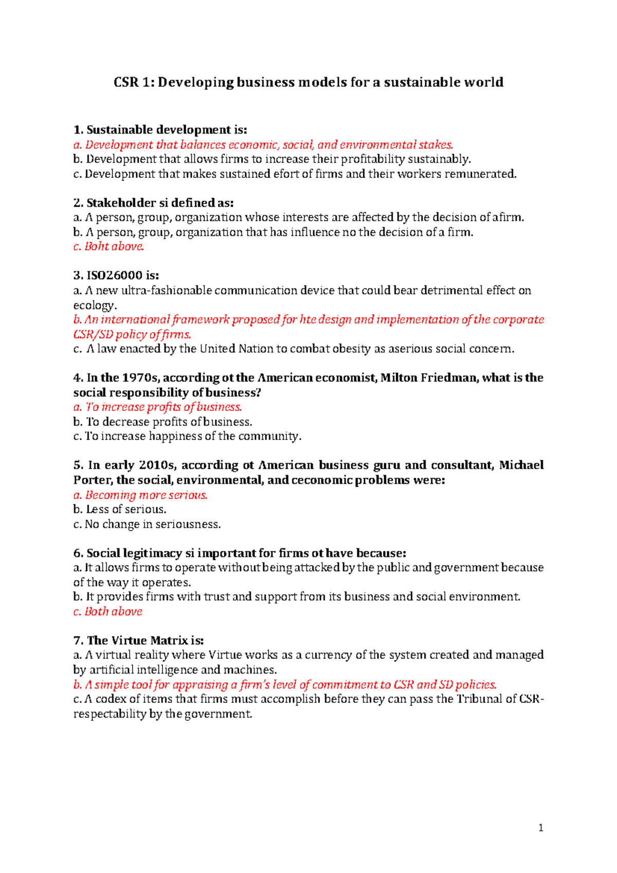 Final Exam CSR1: Business Models for a Sustainable World Overview - Studocu
