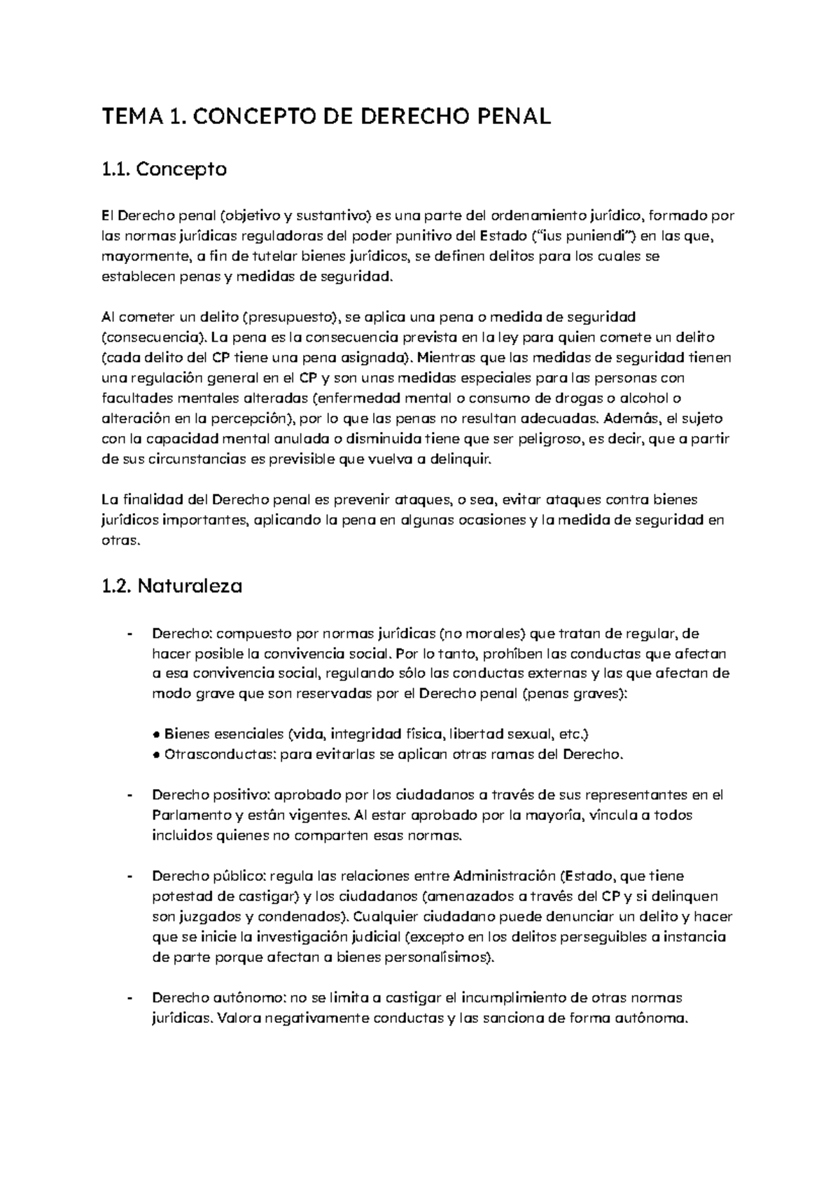 TEMA 1: CONCEPTO Y NATURALEZA DEL DERECHO PENAL - APUNTES - Studocu