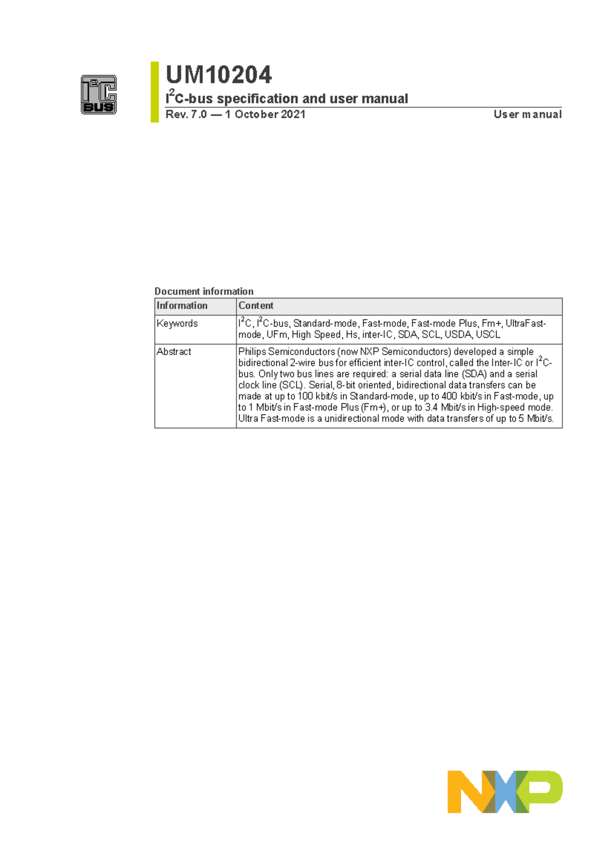 UM10204 I2C Specification and User Manual Rev. 7.0 - Studocu