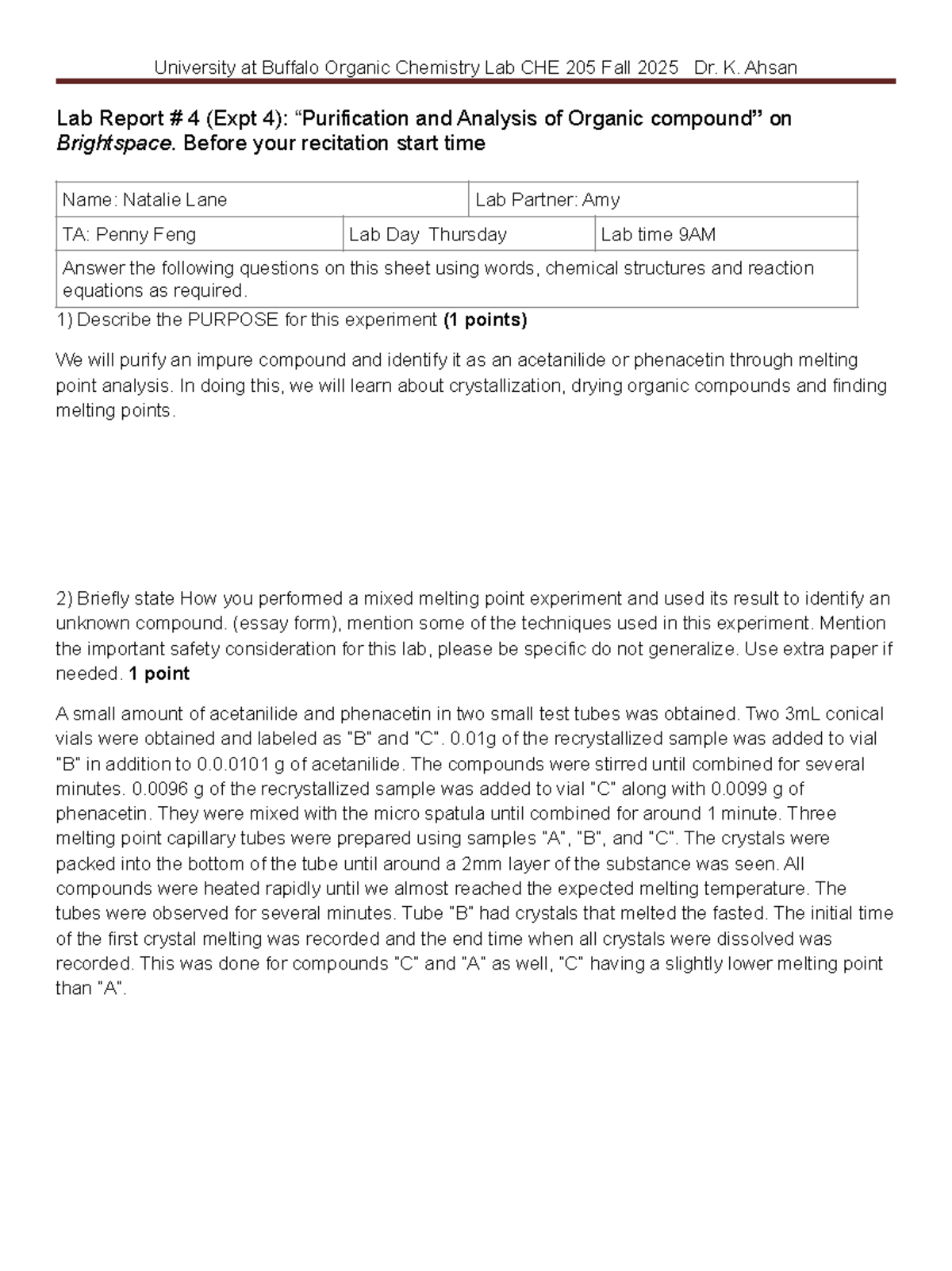 Lab Report 4: Purification & Analysis of Organic Compounds - CHE 205 ...