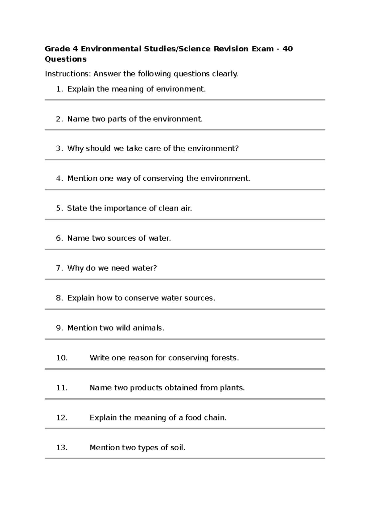 Grade 4 Environmental Studies Revision Exam: 40 Key Questions - Studocu