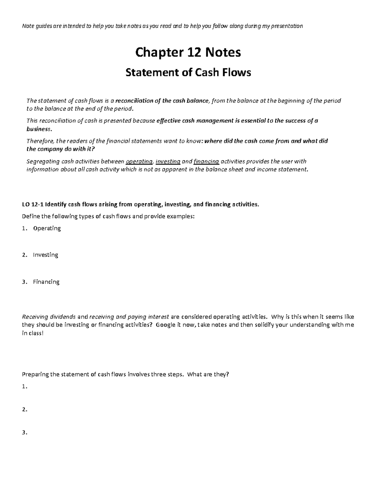 Chapter 12 Notes: Statement of Cash Flows Overview and Key Concepts ...