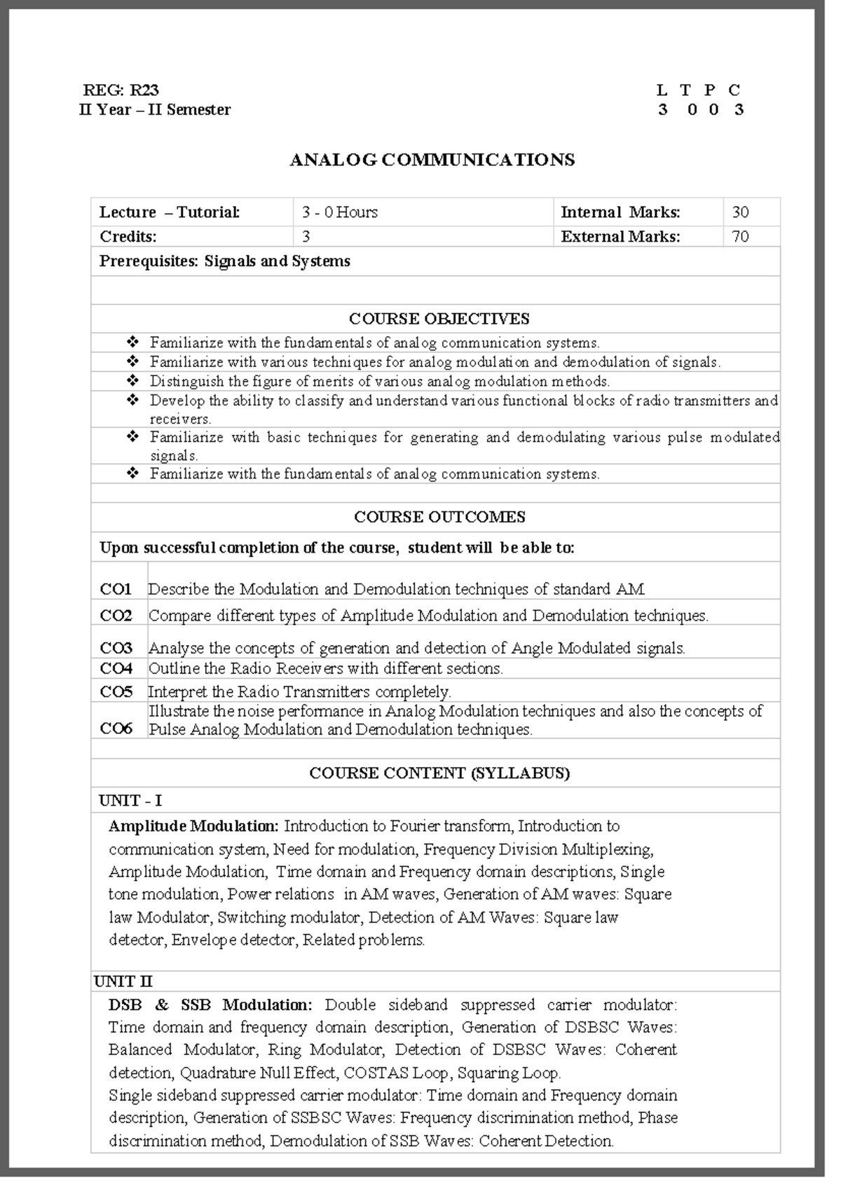 Analog Communications Syllabus for R23 II Year II Sem - Studocu