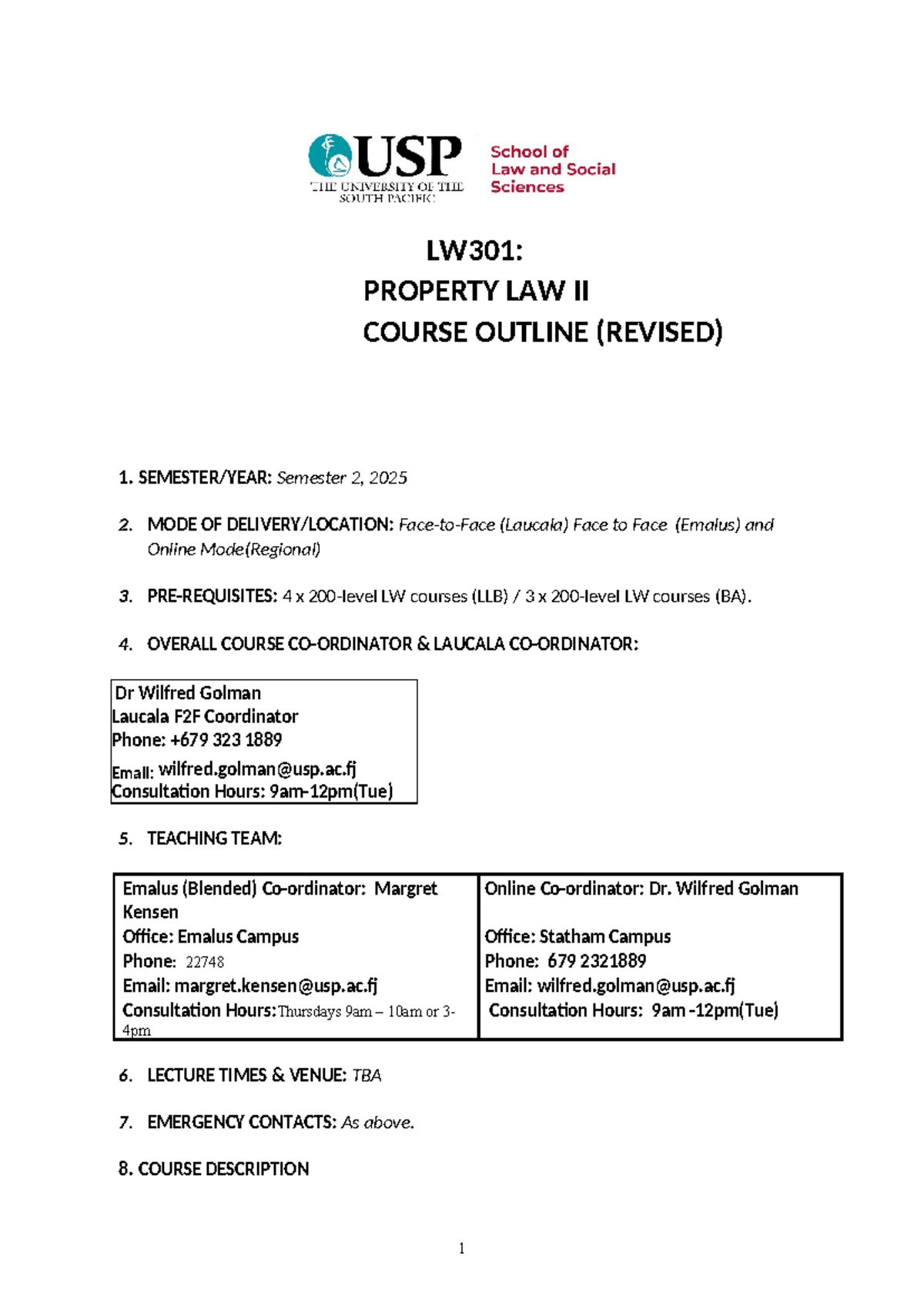LW301: Revised Course Outline for Property Law II - Semester 2, 2025 ...