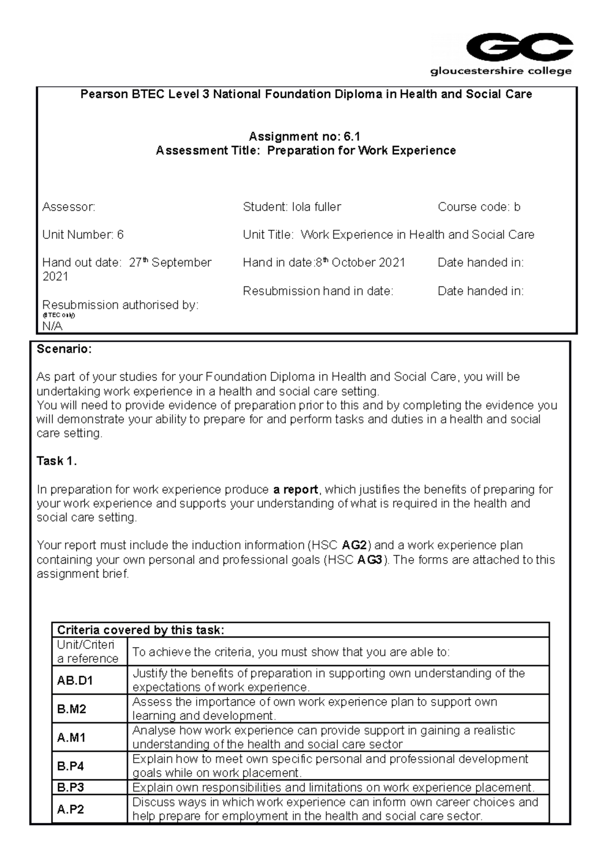 Preparation for Work Experience - HSC Level 3 Diploma Assignment 6 ...